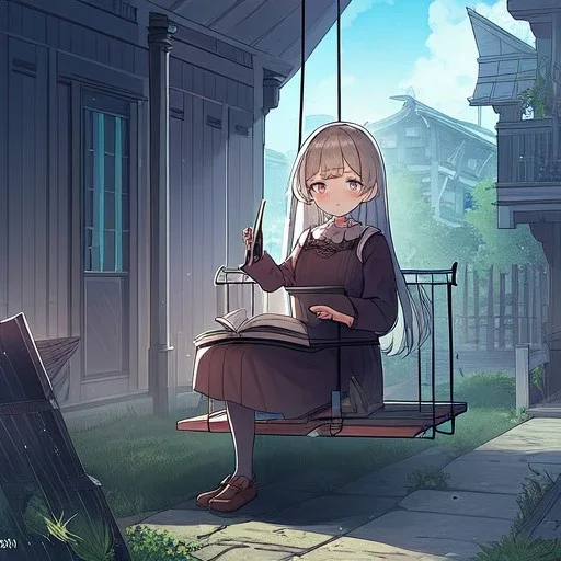 anime girl writing with a pencil in a book sitting on a porch swing of a very old house in the rain