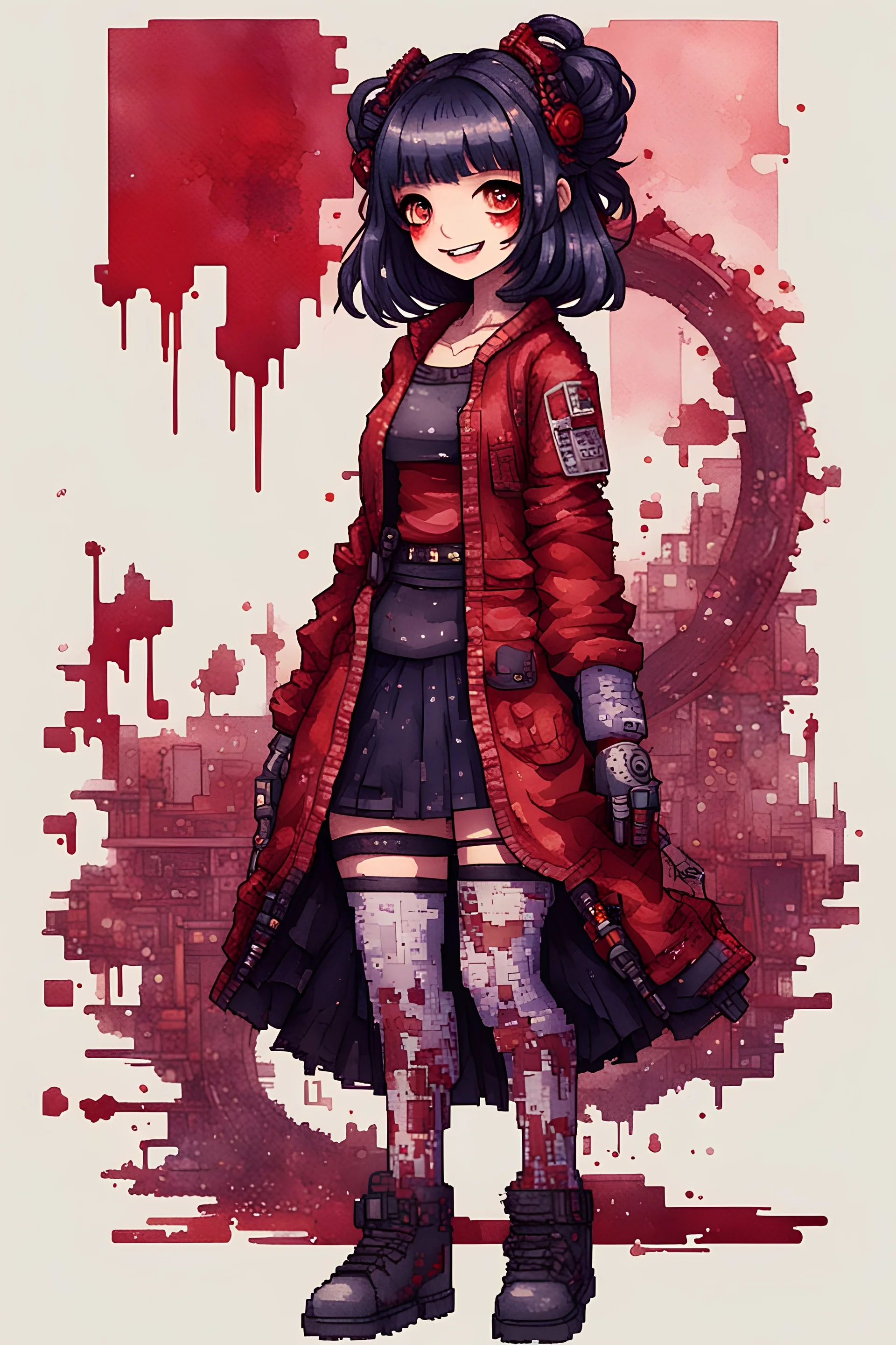 anormal, smile, blood, girl cute, full body, beautiful cyberpunk petit girl, hyperdetailed, behind made 8bits and Pixel Art, watercolor illustration by <Katsushika Hokusai>, darkred tones,