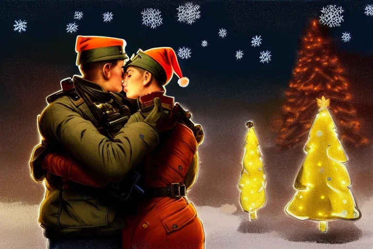 "close up on modern soldier hug each other in a beautiful Christmas night,Christmas house,fireplaceChristmas tree,gift,Christmas gift, Christmas decorations,Christmas tree" 8k resolution concept art by Greg Rutkowski dynamic lighting hyperdetailed intricately detailed Splash art trending on Artstation triadic colors Unreal Engine 5 volumetric lighting Alphonse Mucha WLOP Jordan Grimmer orange and teal"