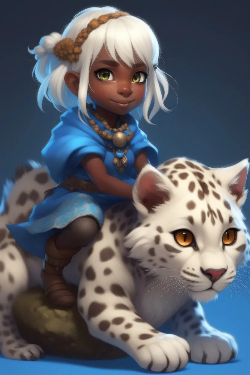 a cute eight-year-old female sorceress, dark skin, with straight snow white hair tied in a braid, blue eyes, riding on the back of a giant furry leopard cat