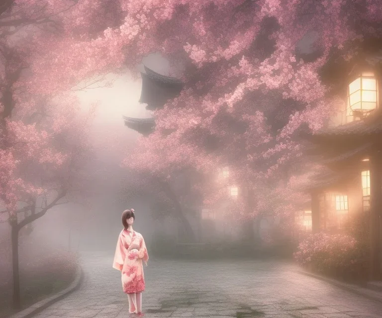 misty foggy area with a girl in a floral kimono in the middle of a bright japanese village at night