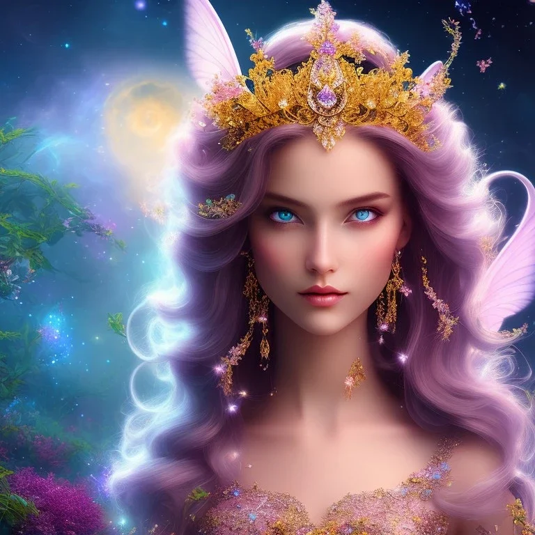 bright fairy, beautiful portrait, flowery landscape, cosmic ambiance