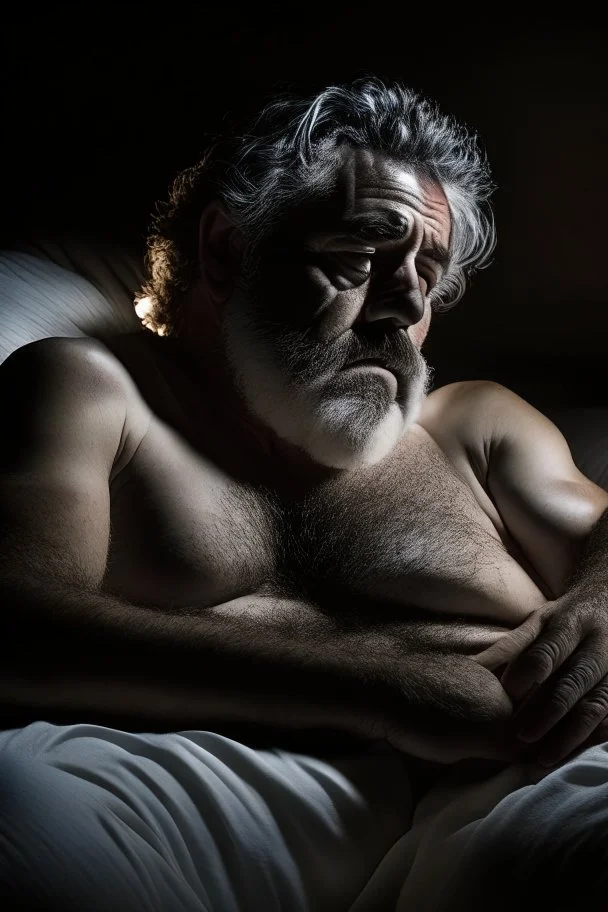 half figure shot photography, Sardinian shepherd man in dirty white boxer , relaxing on a sofa in darkness, 65 years old, bearded sweat chubby shirtless, manly chest, big belly, bulge, hands over the head, photorealistic, in the dark, midnight, dim side light, 35mm lens, dim lights, ambient occlusion