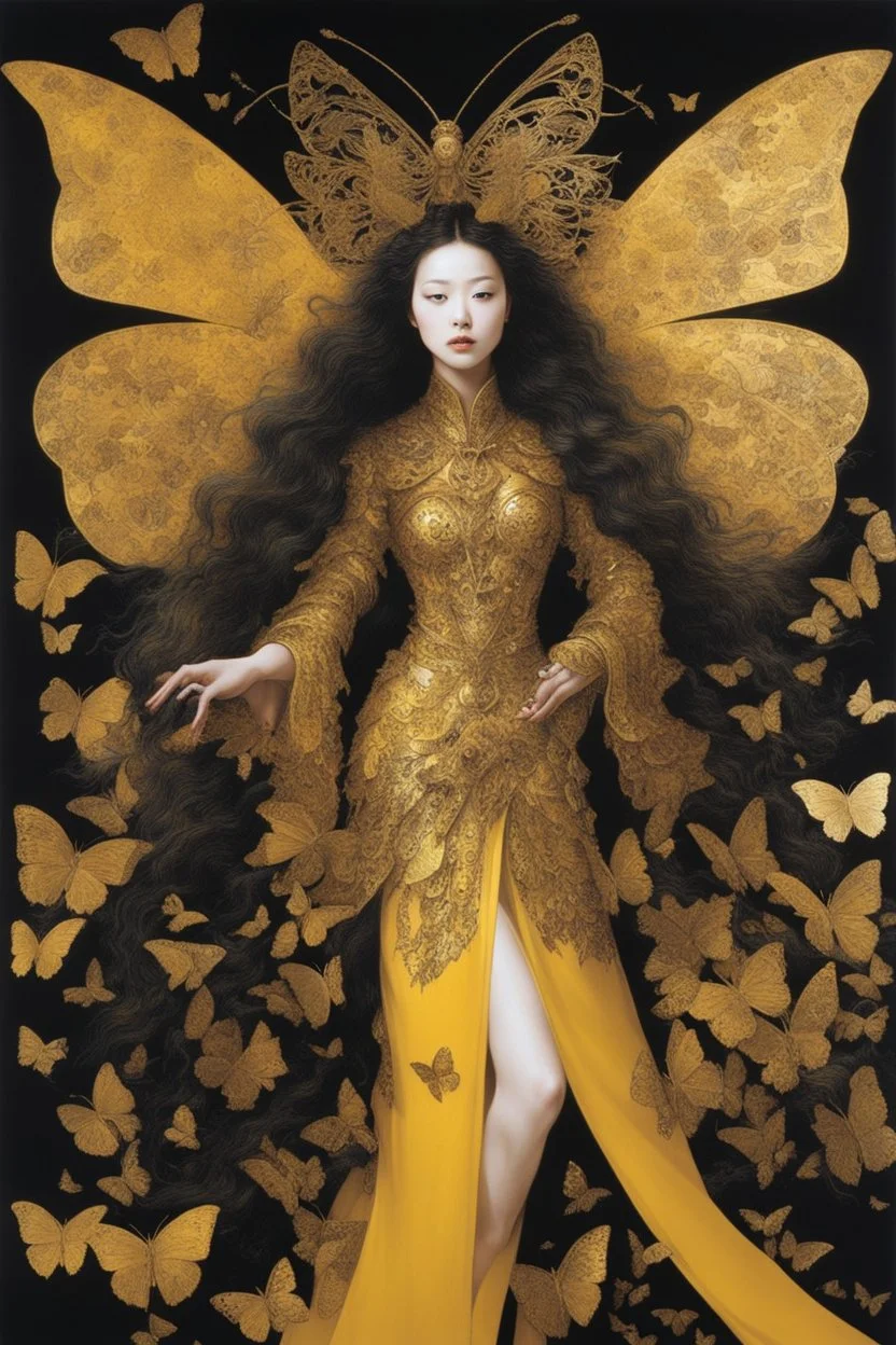 style of Yoshitaka Amano ~ Butterfly Empress, long huge flowing gold hair, yellow eyes. dressed in a cosmic gold plated Armor made of gold butterflies. standing in a room made of butterflies. surrealist. Shades of luminous black and yellow piercing shadow, reminiscent of Beuys and Qian Xuan.