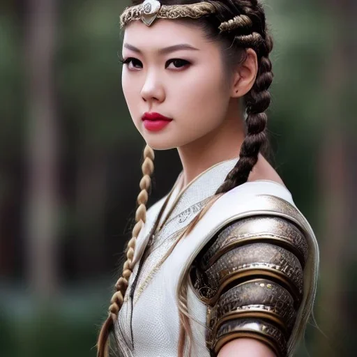 beautiful young asian queen with white armor, delicate white braided hair with ponytail, glass eyes, highly detailed, 8k, ambient light, taylor swift