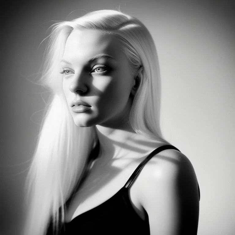 Mujer rubia iluminada, retrato medio cuerpo, iluminada potentemente desde el lado derecho, blanco y negro vaporoso, peinado a lo Verónica Lake al estilo del fotógrafo Hugo Alonso