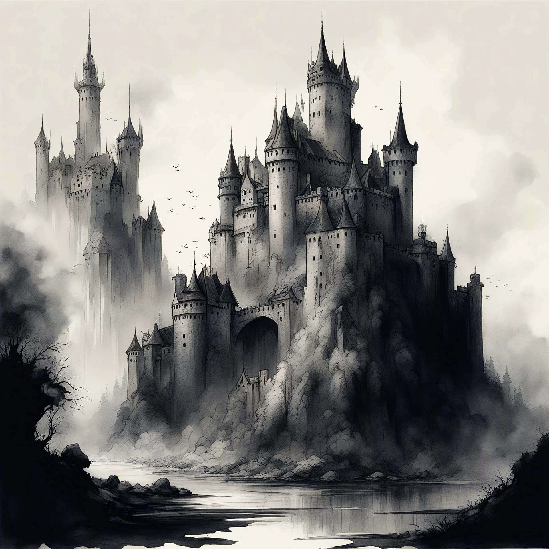 In modern European ink painting art stye, A Elven Castle set in wartime