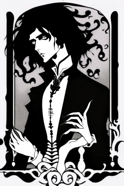 goth male necromancer with black hair and AI hands in the style of Aubrey Beardsley