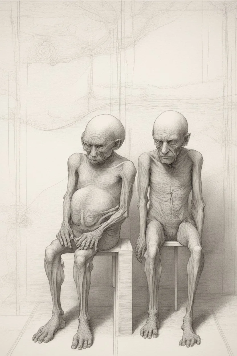 The full body of two fat old men , a thin line draw ، Siamese brothers with one body of two heads , front view camera, decayed and rotting with grotesque proportions and imagery. surreal horror, biomechanical design, by hr giger and beksinski , fine lines draw