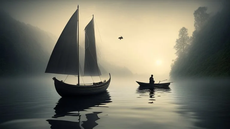 black robed monk in a small boat on quiet water in the mist