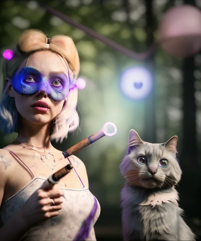 Ultra realistic photo, happy couple, blonde Alice woman and purple cat smoking a pipe, circus blue dress style, black headband with bow, old school body tattoo, smoke, marihuana garden, glow eyes, perfect iris, soft color, highly detailed, unreal engine 5, ray tracing, RTX, lumen lighting, ultra detail, volumetric lighting, high definition.