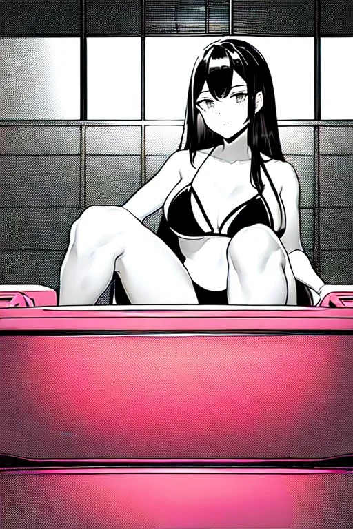 bikini long hair girl in termal pool, greyscale, screen tones