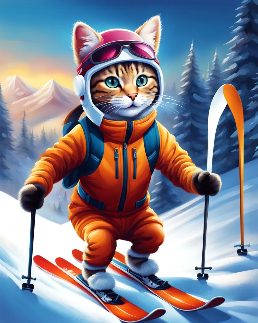 Hermosa Pintura coloreada de un gato antropomorfico con traje de esquiador, esquiando en la nieve, arte conceptual, calidad ultra, hiperdetallado,12k