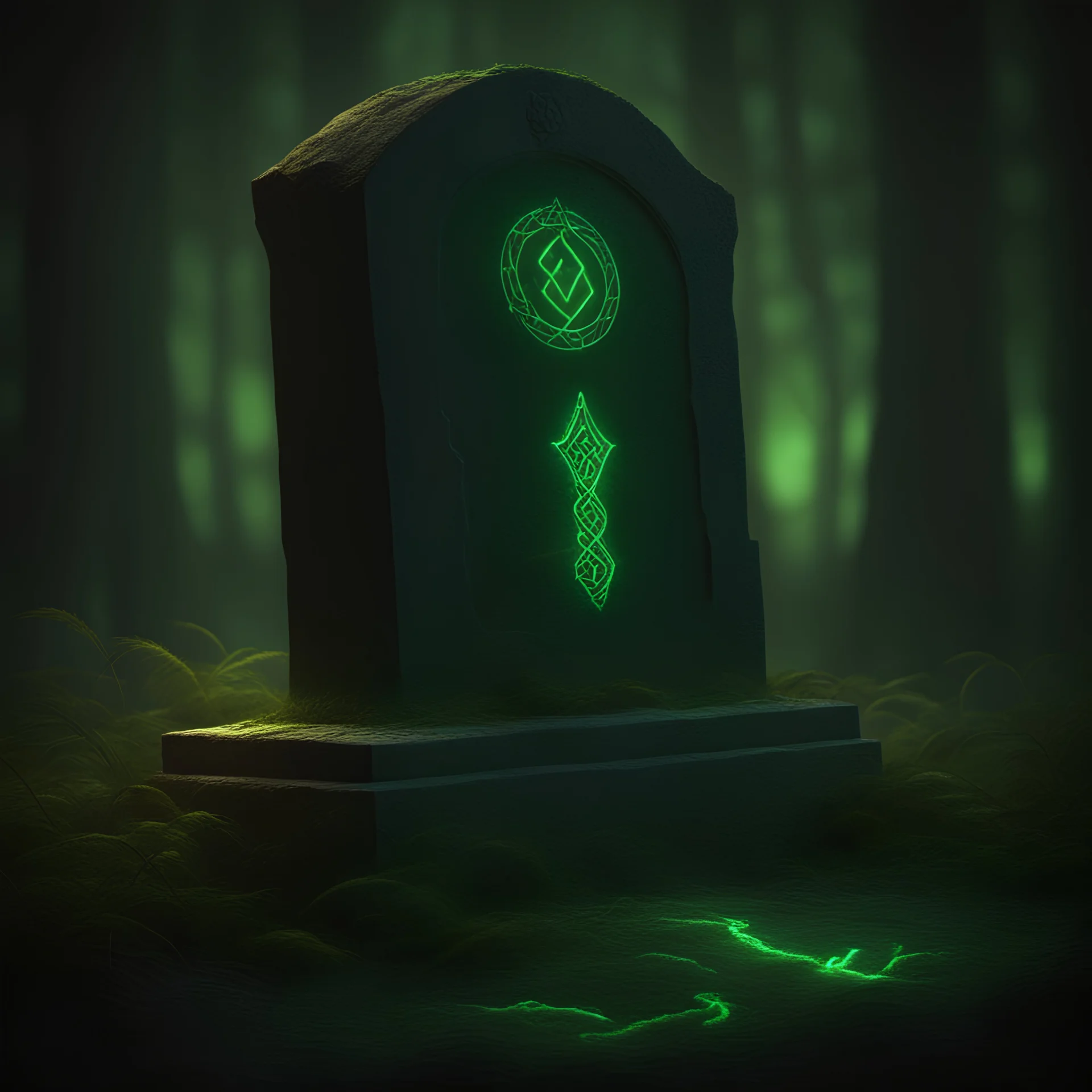 A grave stone, green glowing runes