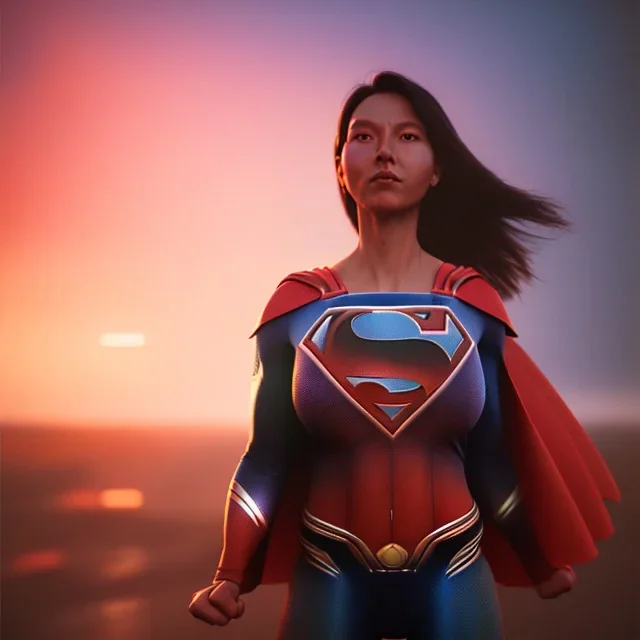 superwoman. photographic, bright colors and sunset, oil on canvas, kodachrome, volumetric light