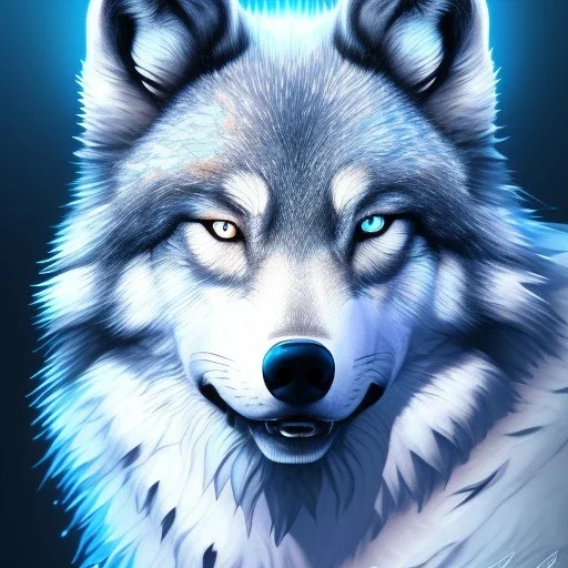 legendary wolf with black fur and blue piercing blue eyes in the night with black shade, from the side, neon blue flames, 8k resolution, ultra hyperdetailed, Unreal Engine 5, ultra colorful, very small details, realistic