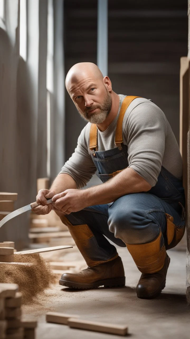 short, burly beefy robust bricklayer painter 40 years old, shaved hair, short blond beard, bare-chested in overalls, photorealistic, side light, inside a building under construction