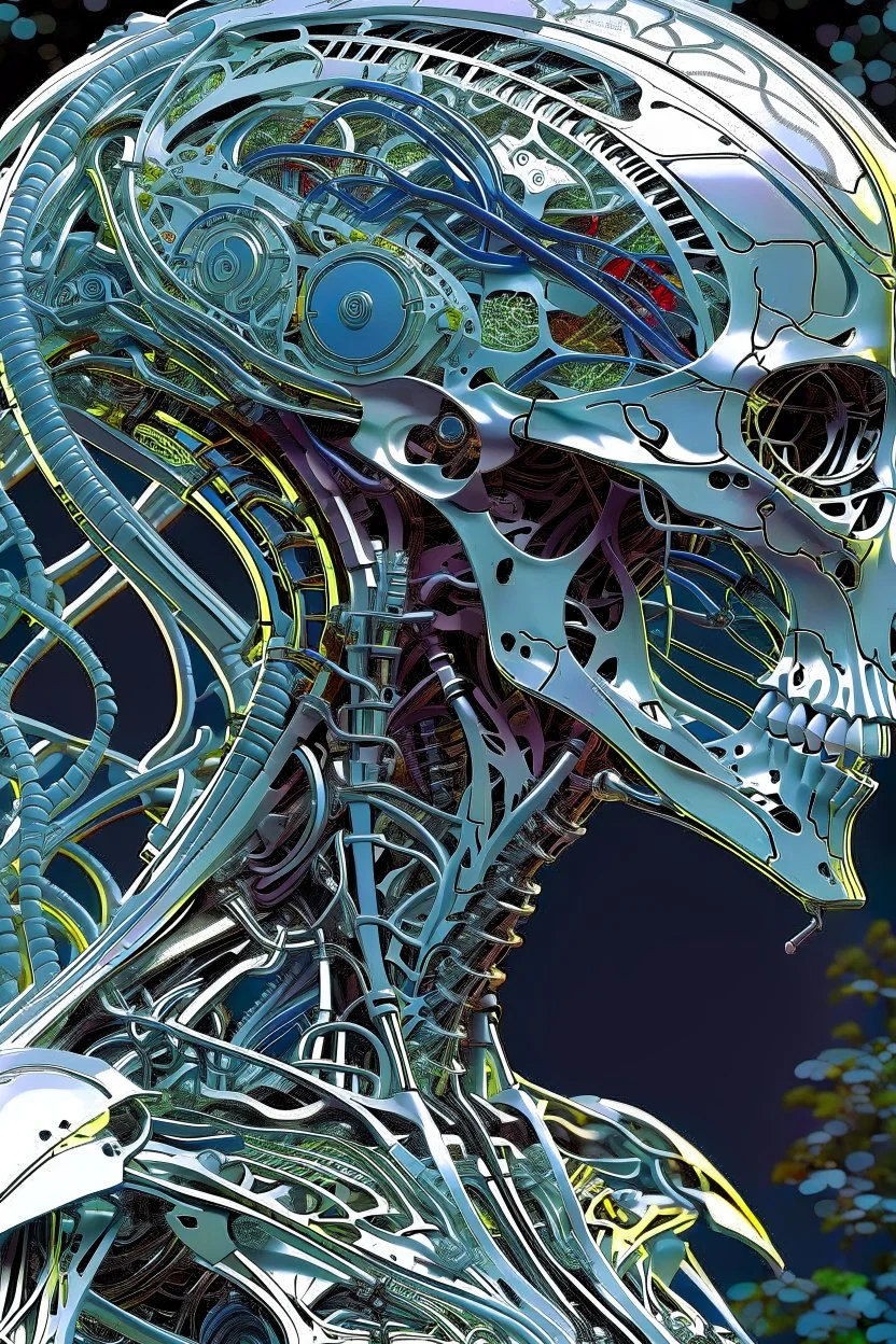 3D rendering of Expressively detailed and intricate of a hyperrealistic “alien anatomy”: side view, scientific, single object, glossy white, shinning silver , a lot of vines, tribalism, laboratory background, shamanism, cosmic fractals, octane render, 8k post-production, detailled metalic bones, dendritic, artstation: award-winning: professional portrait: atmospheric: commanding: fantastical: clarity: 16k: ultra quality: striking: brilliance: stunning colors: amazing depth