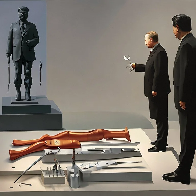 Putin Looking At A Statue Of Xi Jinping,complex surgical instruments,a sickle intermixed with a Axe, prosthetic legs,minimalism,Painting By Adrian Ghenie,Lucian Freud,Rene Magritte,Salvador Dali