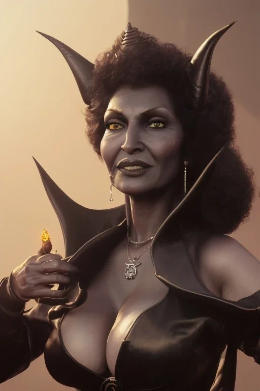 Pam Grier as evil queen in black leather, leather, busty, cleavage, angry, stern look. character design by cory loftis, fenghua zhong, ryohei hase, ismail inceoglu and ruan jia. unreal engine 5, artistic lighting, highly detailed, photorealistic, fantasy