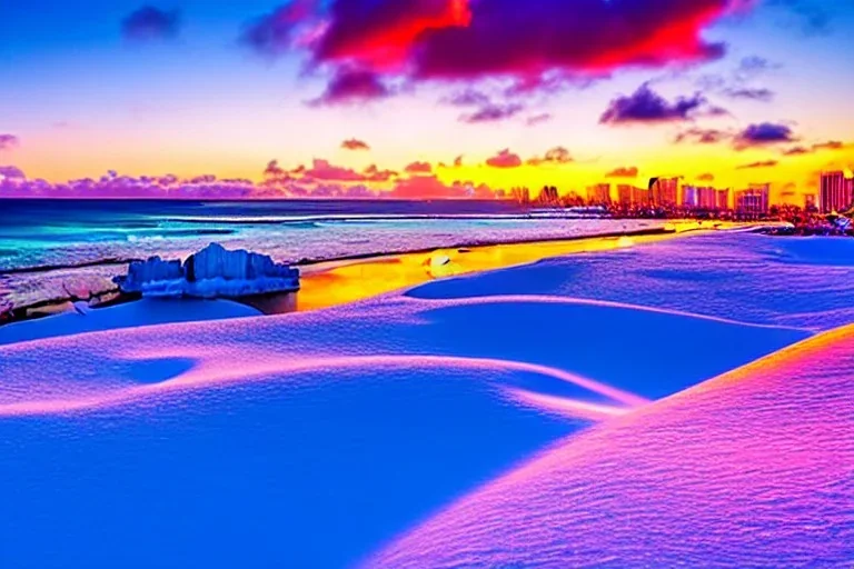 Honolulu Hawaii hotels covered in winter snow and ice at sunset, bright colors, winter wonderland