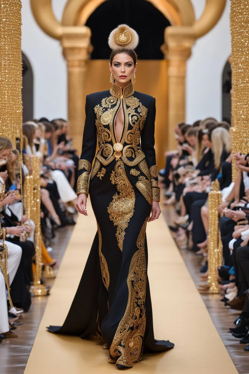 Facing front woman modeling cat walk fashion show in suit adorned with a golden ornaments Klimt-inspired masterpiece.