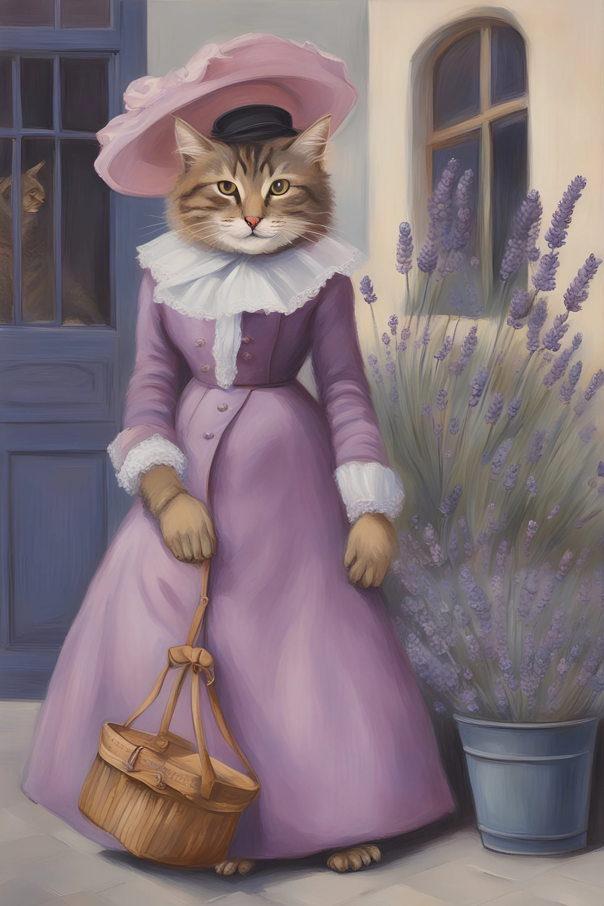 Painting of 1 anthropomorphic dressed female cat selling lavender in Vienna