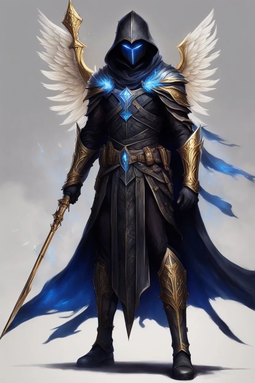 A commander with a black cloak and a long coat with long combat boots and a long spear with his Helmet is golden under his cloak like assasins With a magical power in his hand and a white anklet and boots With blue flame eyes,It has two black wings on its back