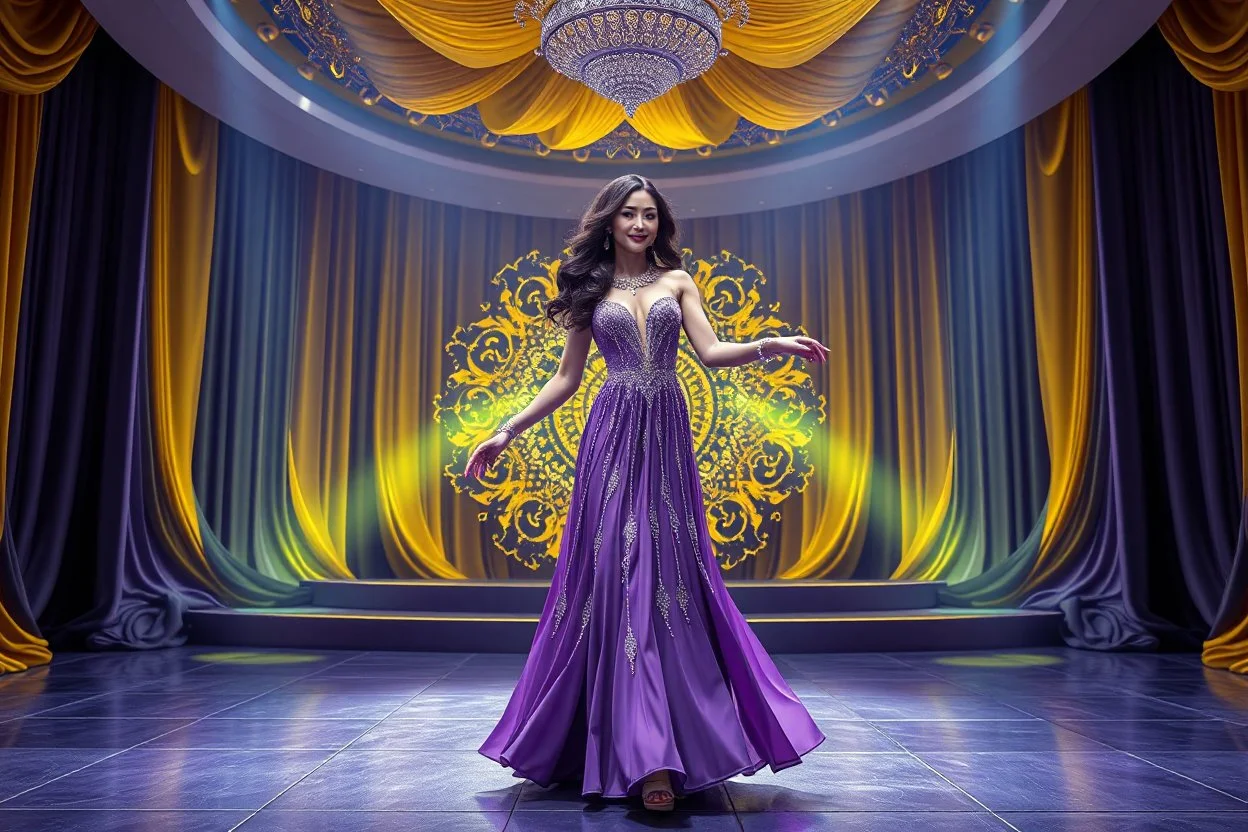 modern stage with gray-dark yellow blueish violet theme artistic decoration , color full dynamic lighting, a beautiful lady in maxi dress with shining silver jewels ,curvy long hair,dancing, 3D recursive fractal structure animating background