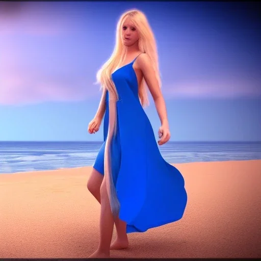 Beautiful full body woman blue eyes long blond hair in an hippy blue flower dress on a beach, unreal engine, 4k