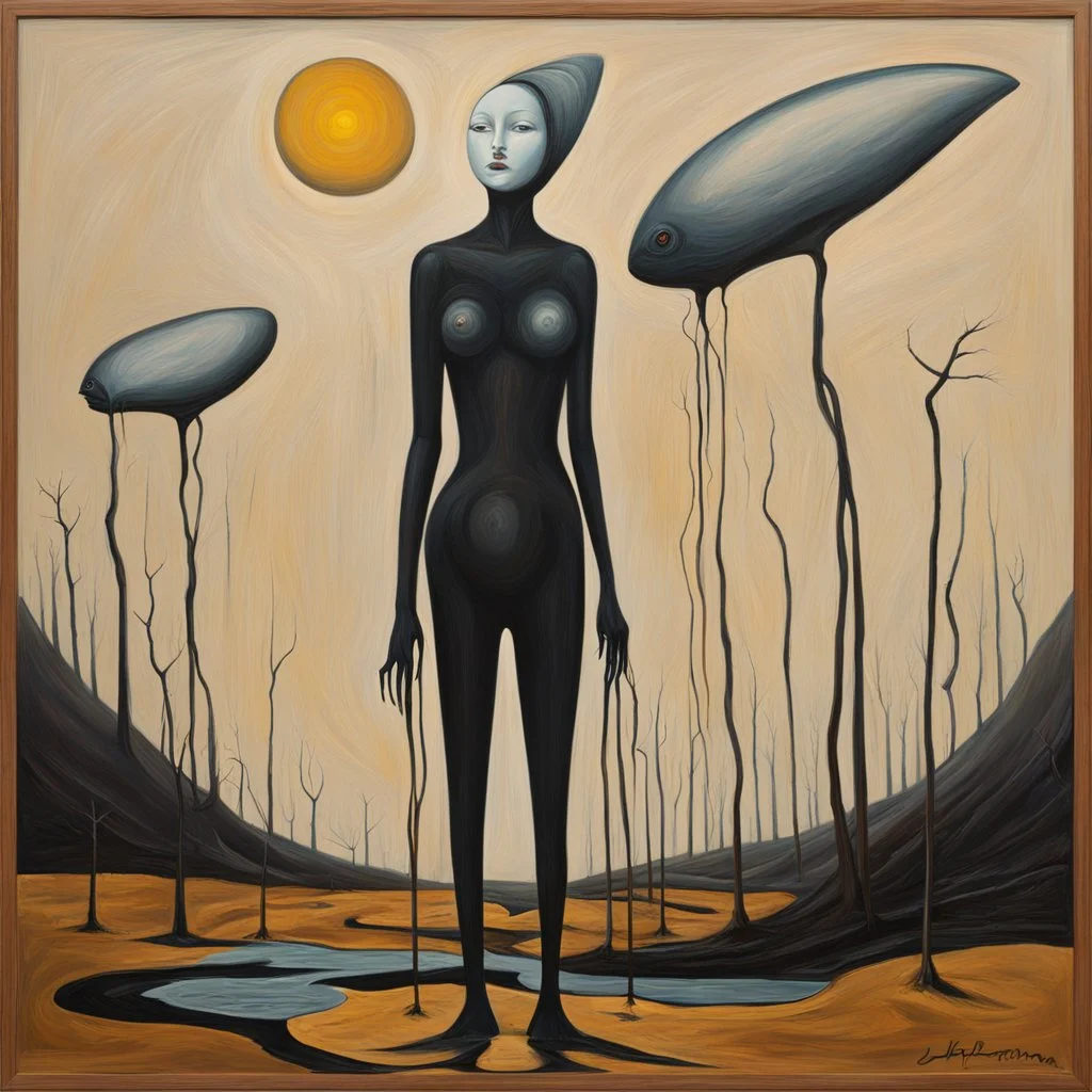 Surrealistische voorstelling , Oil on cardboard, surrealism, by Johfra, long brush strokes, weird, sinister, nightmarish, decalcomania, minimalist