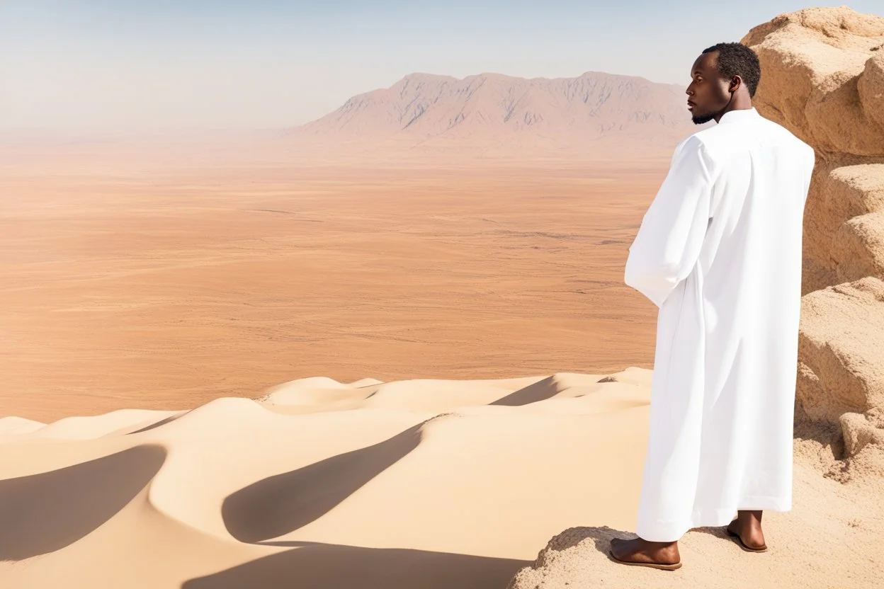 african man wearing white thobe. standing on high mountain looking out to the desert