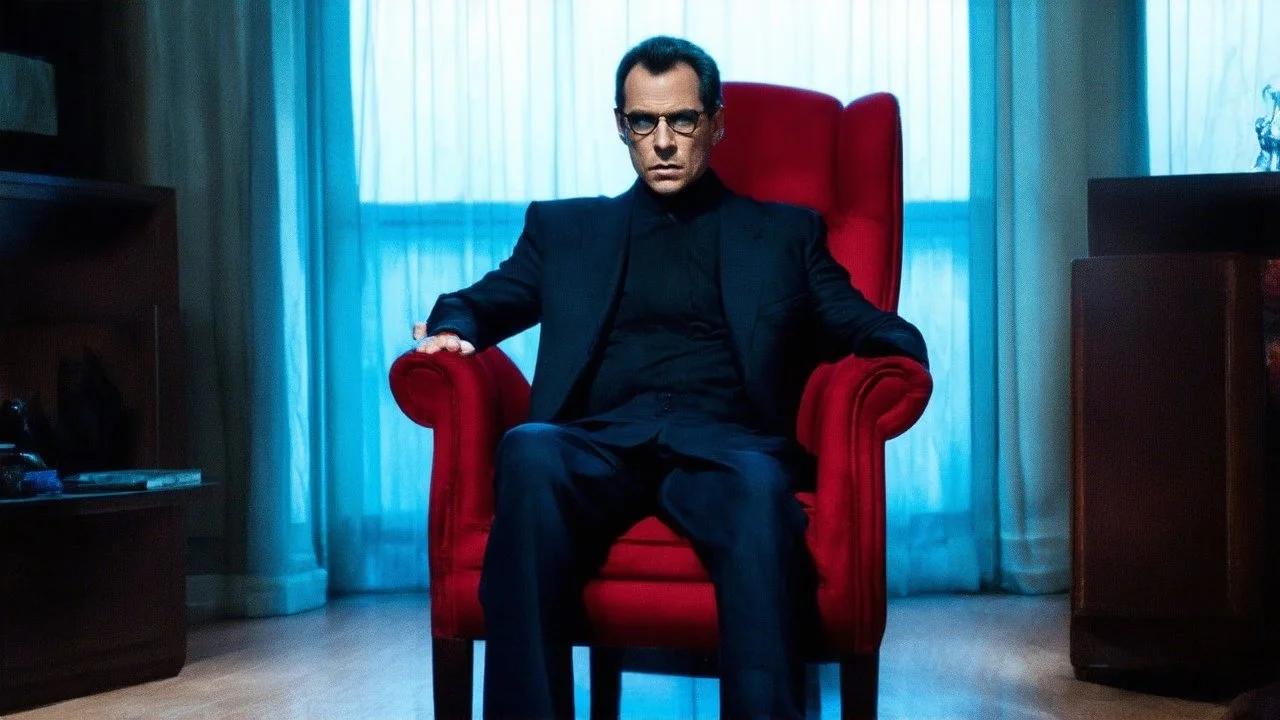 matrix, neo sitting on red old skinny chair, in the room from the movie, chooses red or blue pill, given to him from morpheus,