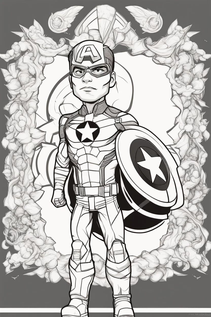 out line art of CAPTIAN AMERICA super HIRO colouring pages with white background ,skech style ,full body. only use outline,mandala style,clean line art,white background,no shadow and clear and well outlined