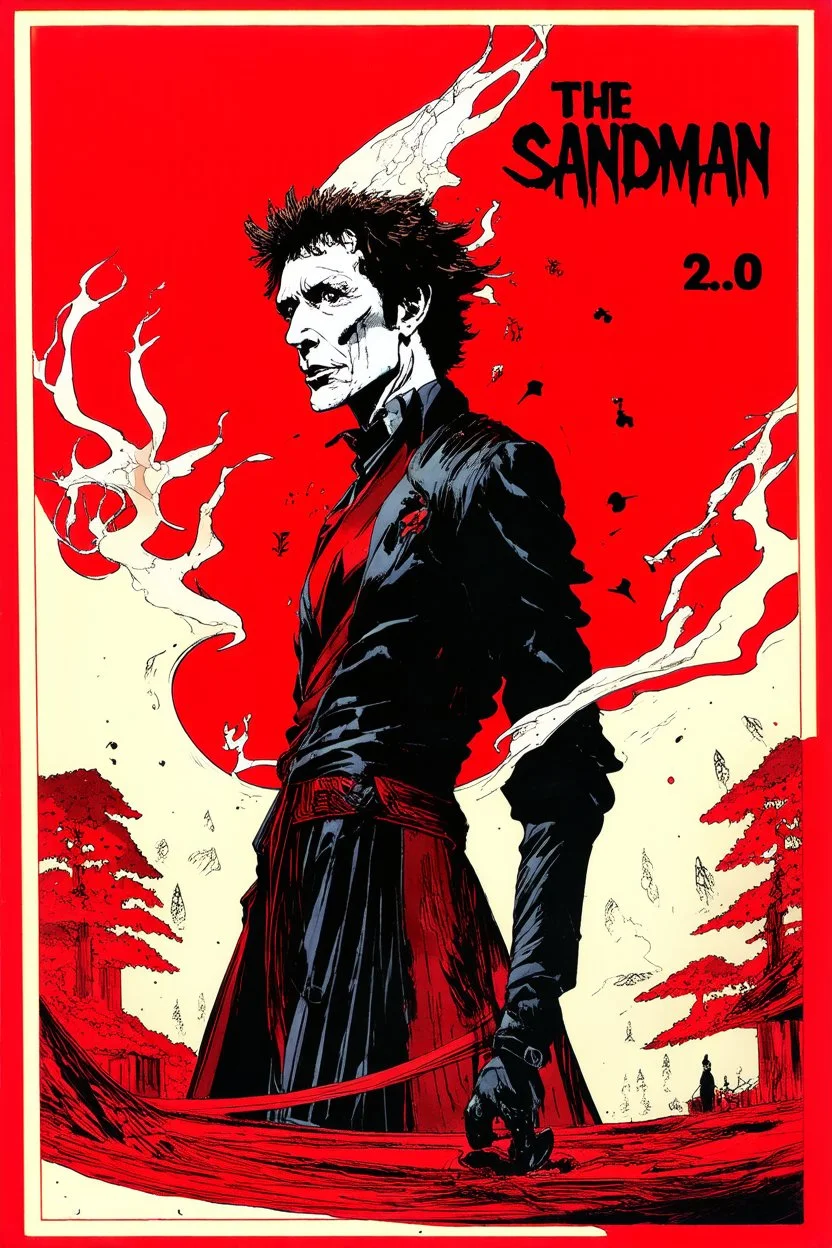 (text "THE SANDMAN":2.0) in sandman comic book font, Nightmare frequencies visualization, cartography of The Dreaming, abstract surreal art, by Graham Sutherland and Dave McKean, mind-bending illustration; Neil Gaiman's "The Sandman" Cover art by Dave McKean, crisp cool colors - red hues