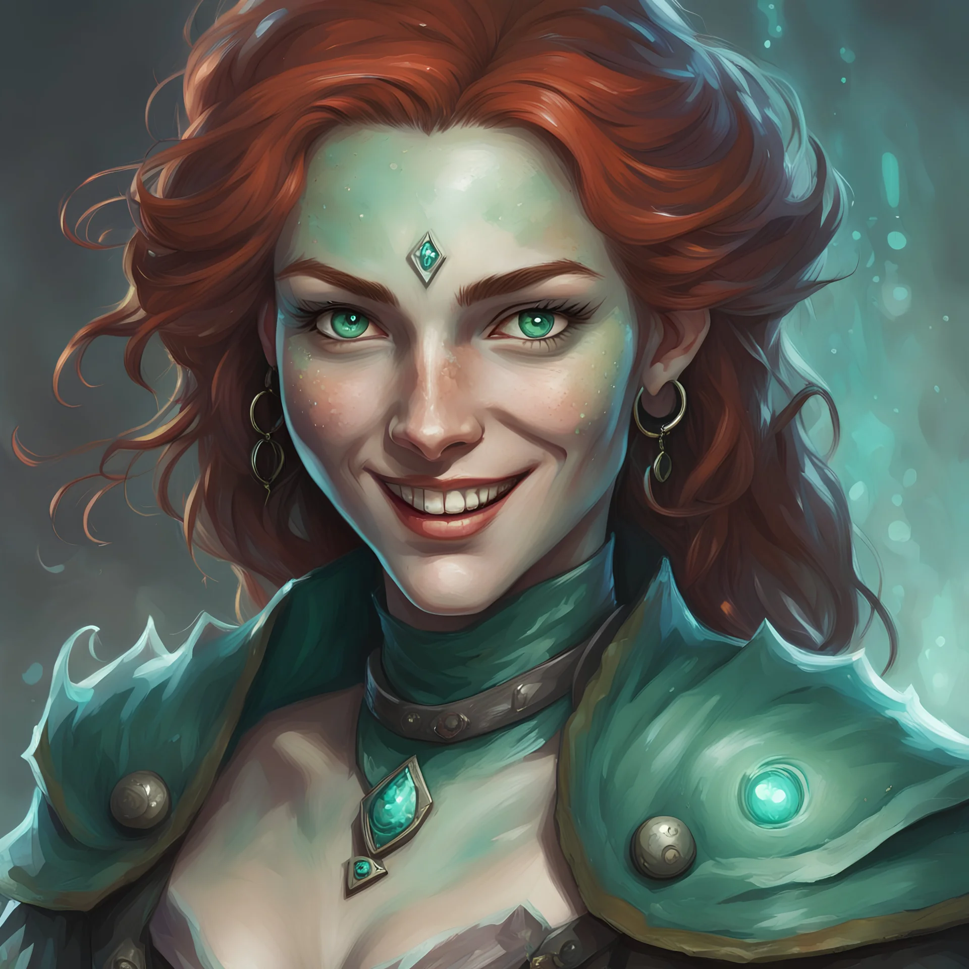 dungeons and dragons human female fathomless warlock, pale freckled skin, sea green eyes, smiling warmly, has a scar across her bottom lip