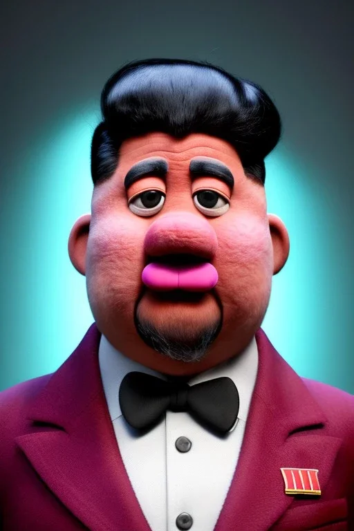 Waist up muppet Portrait, Kim Jong-un as muppet doll, black suit, photo studio, blue background, unreal engine 5, concept art, art station, god lights, ray tracing, RTX, lumen lighting, ultra detail, volumetric lighting, 3d.