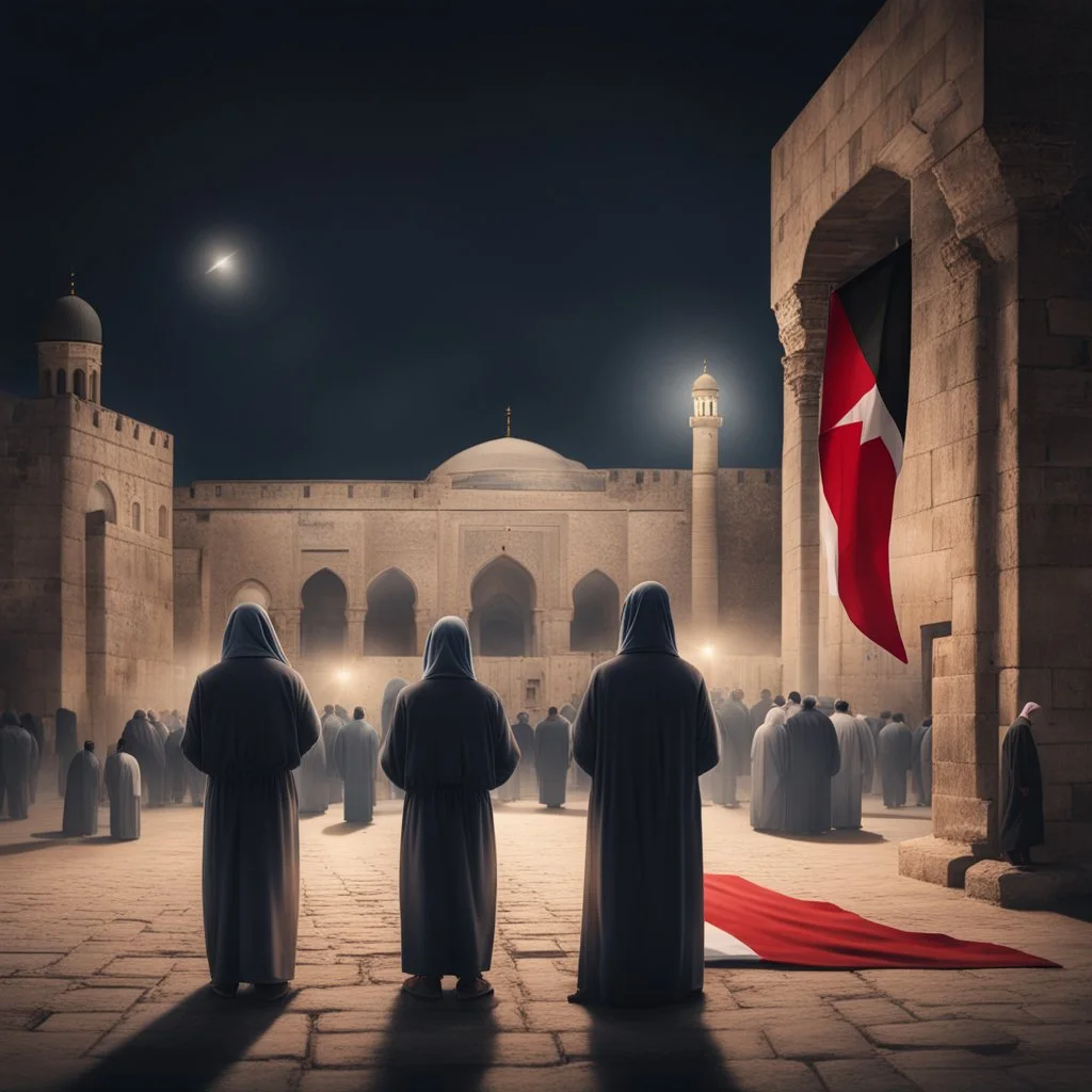 Hyper Realistic people praying outside Al-Aqsa mosque at night with Palestine Flag