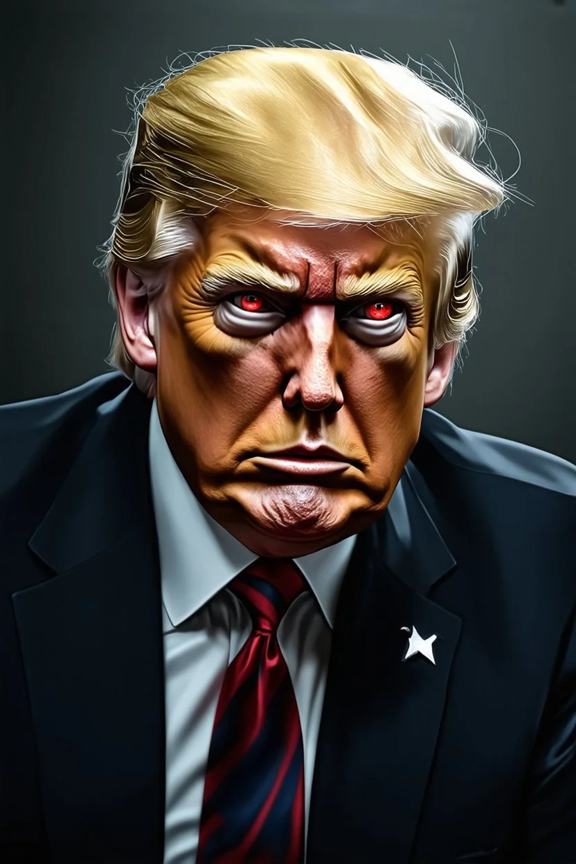 Portrait of Donald trump, realistic cyborg face, metal showing under skin, red eyes
