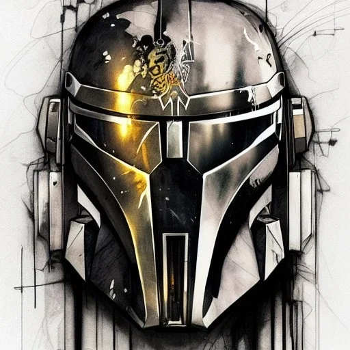 photorealistic the mandalorian helmet, illustration by <agnes cecile> <Yoji Shinkawa>, ornate and intricate details , soft smooth lighting, concept art, black satin background,camouflage colors