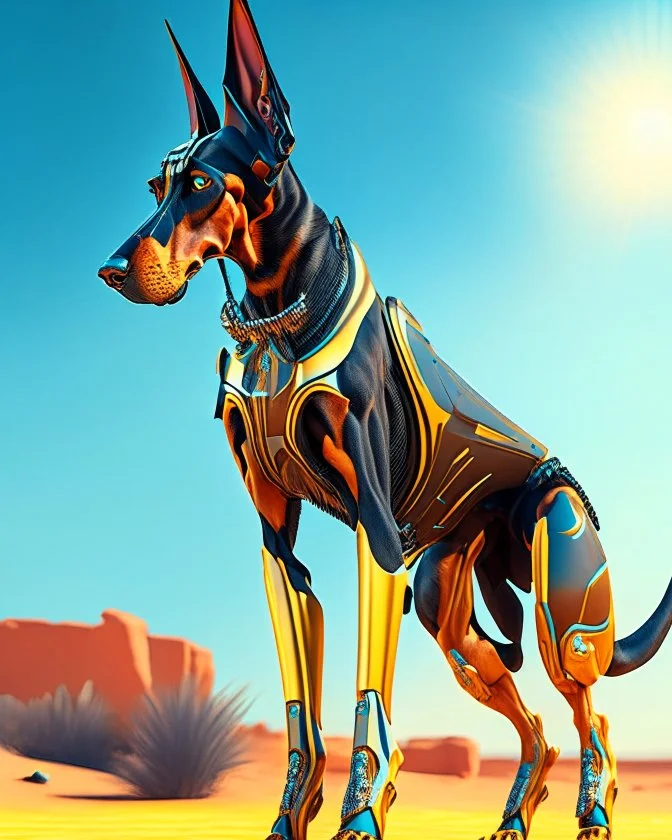 Hombre antropomórfico vista frontal orejas de perro Doberman obra de arte traje futurista hiperdetallado fantástico nítido cuerpo completo cabeza completa cabeza no recortada piernas completas botas completas botas no recortadas altura 1,75 clima soleado arte arte digital colores contrastantes 8k