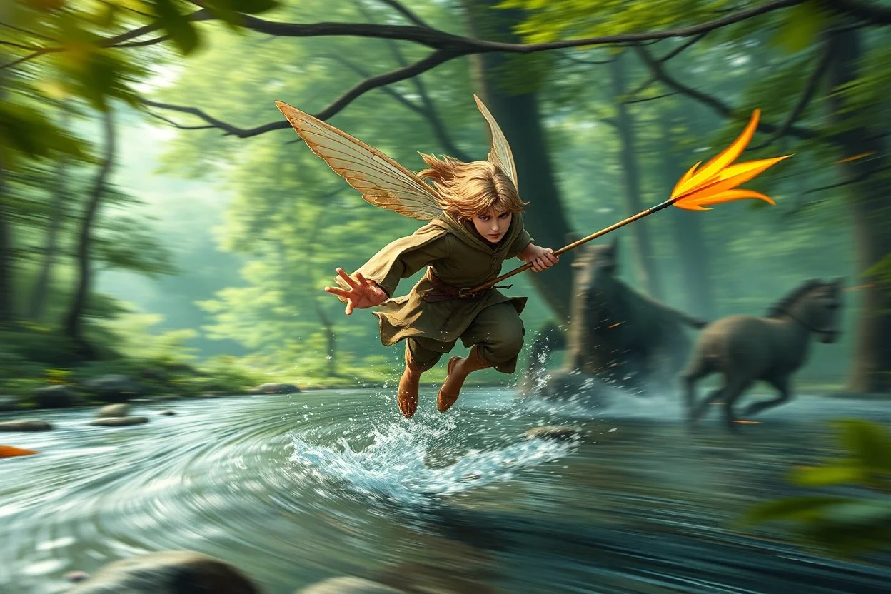 oil painting ,motion blur running caped long haired male angel pixie Quickling - Forgotten Realms dodging magical fire arrows above water and along winding branches in lush green forest along speeding horses , bokeh like f/0.8, tilt-shift lens 8k, high detail, smooth render, down-light, unreal engine, prize winning