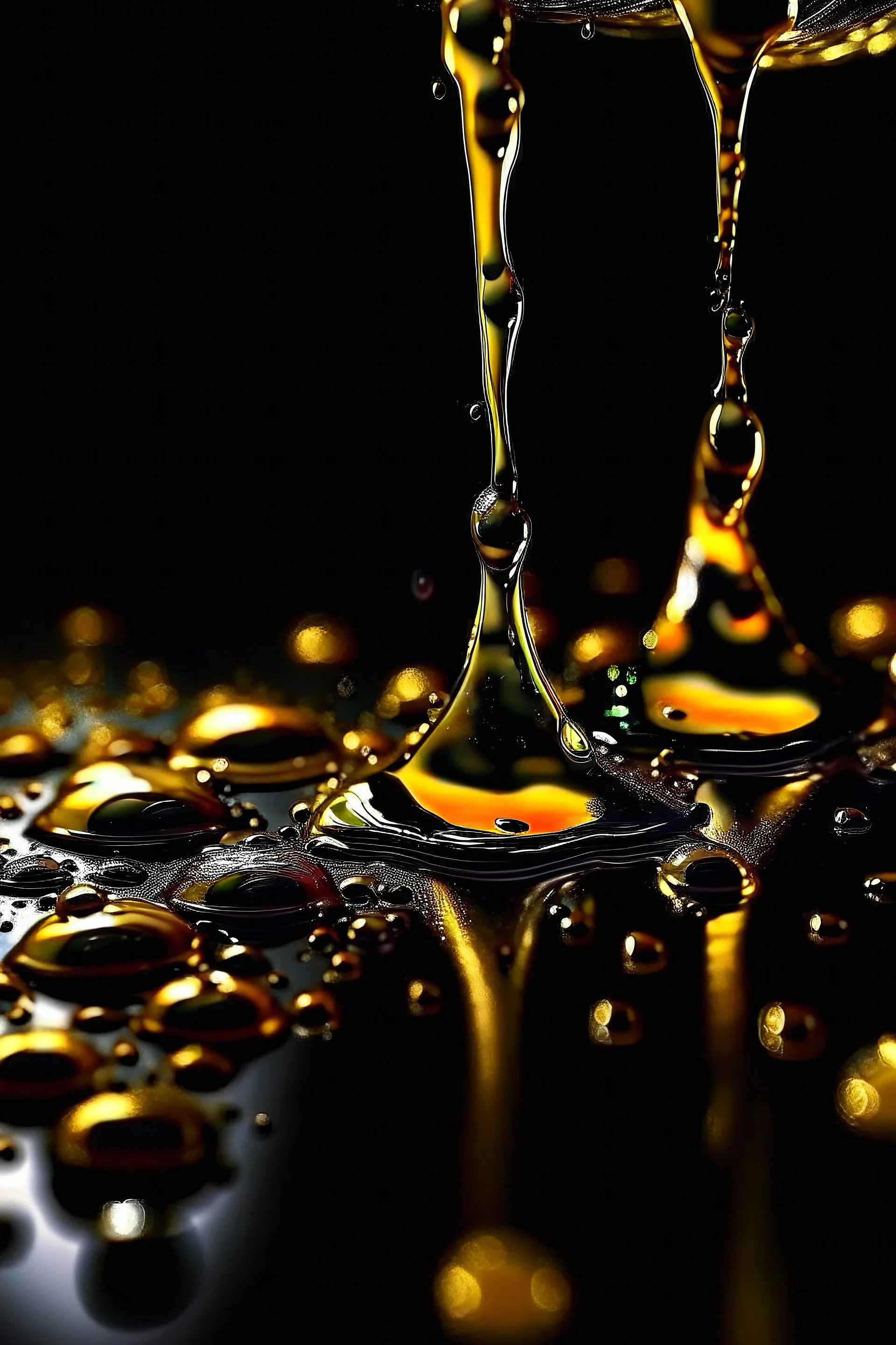 golden drops of oil on black background