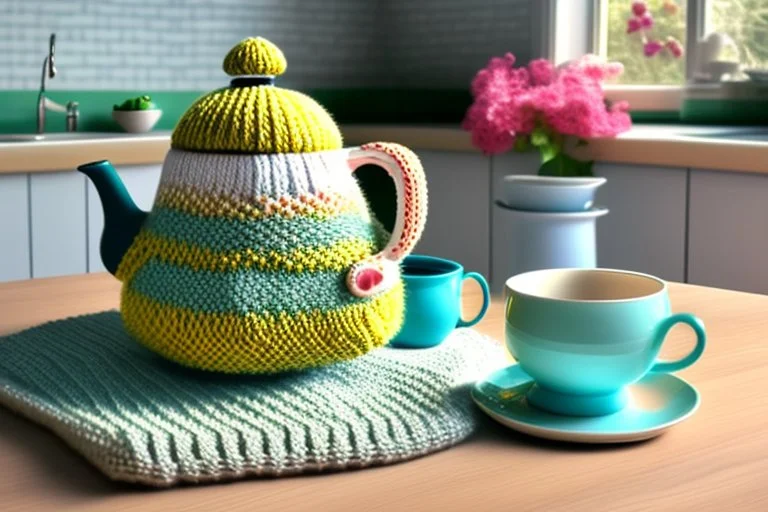 knitted teapot with china cup in a modern kitchen isn sunshine