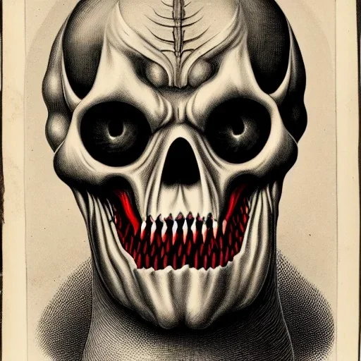 portrait, red skull of devil, many teeth, grotesque