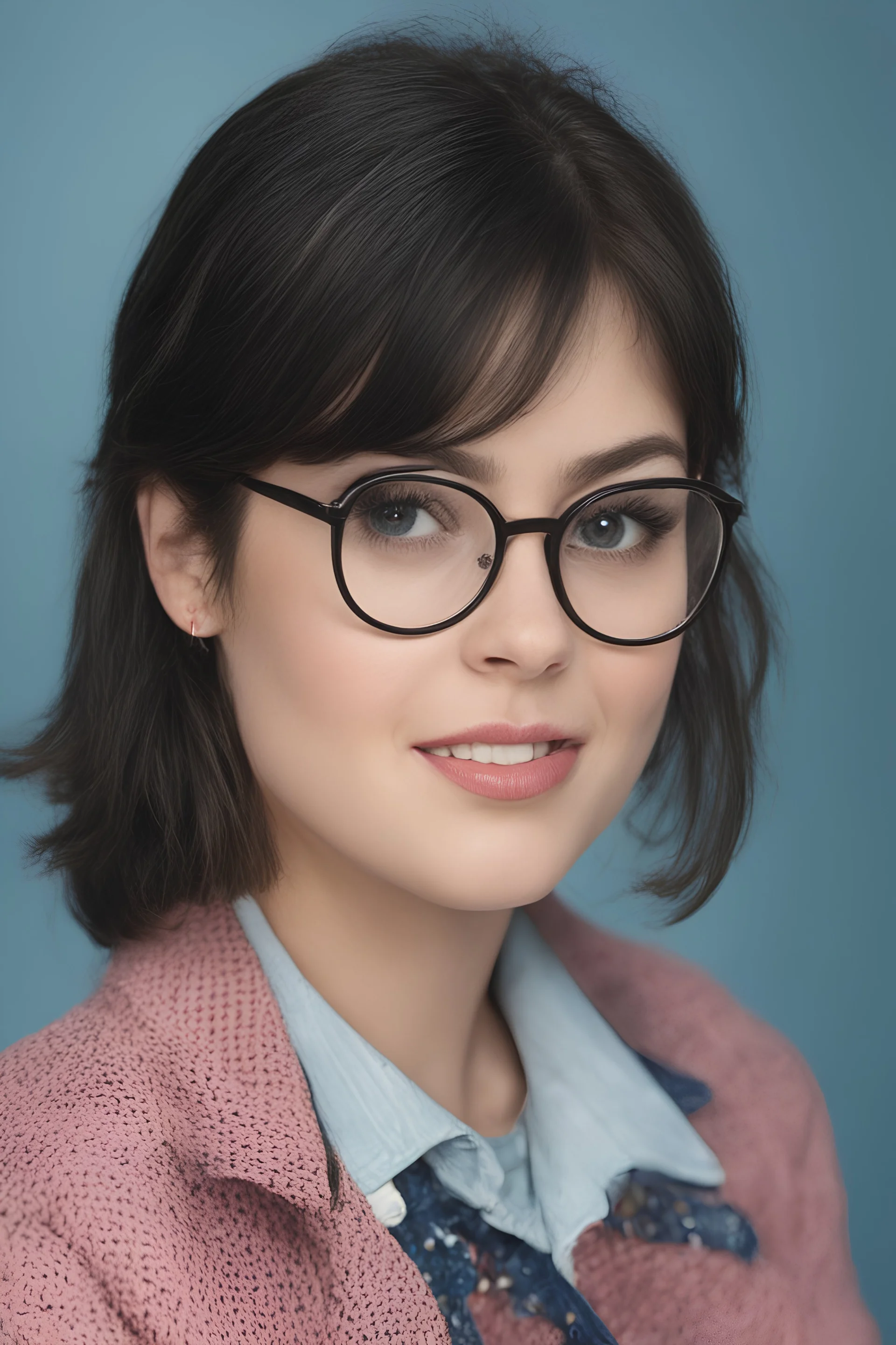 1980's yearbook photo, Lucy Hale, 1980's clothing and hair styles, 4k UHD, photorealistic, ((big, full, plump, pouty lips:1.5)) black hair, big cat-eye eyeglasses, dark blue foggy gradated wall background