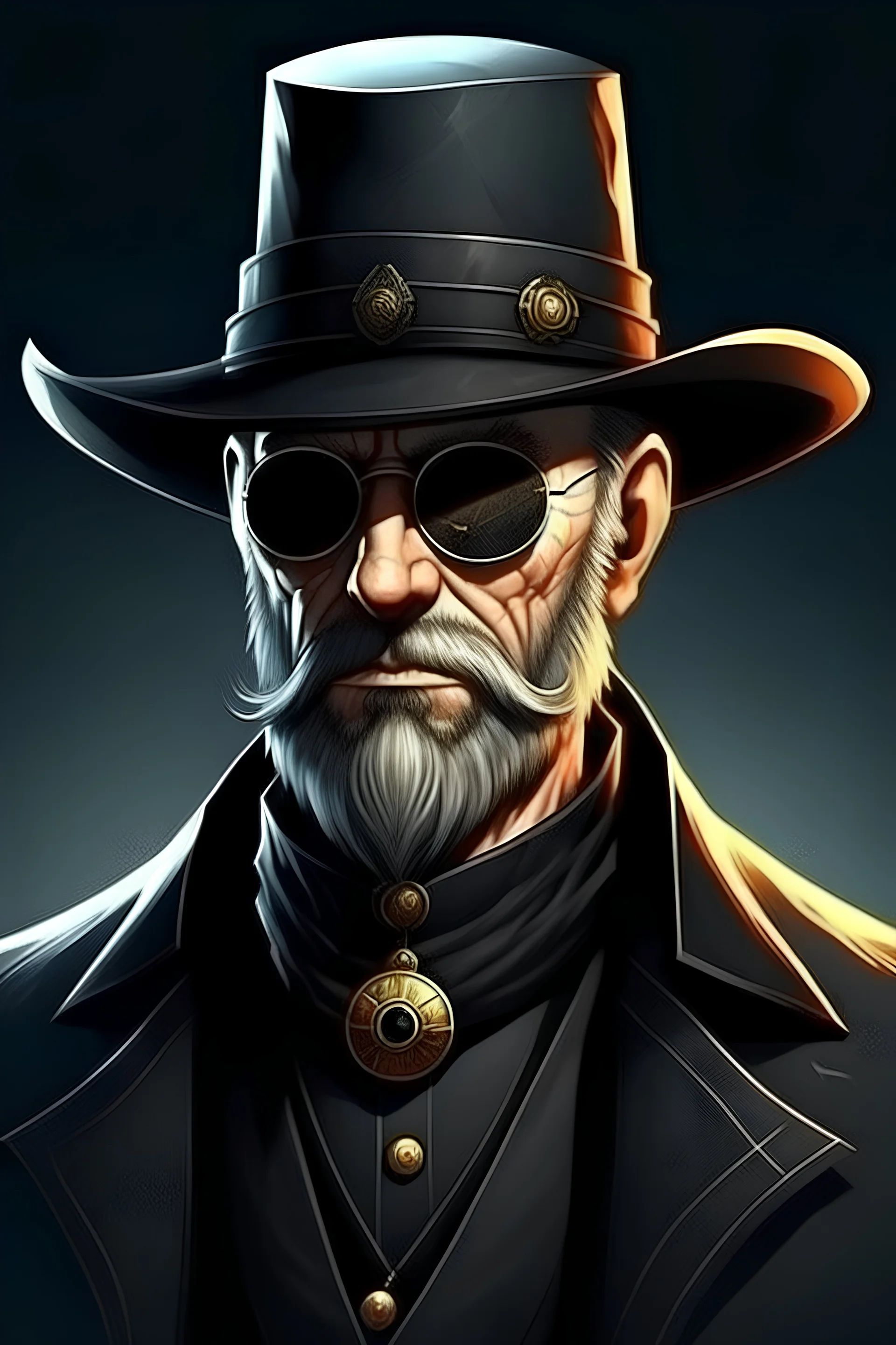 saint gunman with a round hat sunglasses and a black coat and a short black and graying beard in the wild west, grimdark realistic