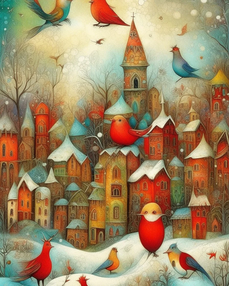 dance of snow-covered, whimsical, multicoloured houses of incredible architecture, bizarre Christmas trees and red, whimsical birds. Style of Inge Shuster, Catherine Hyde, Erica Hopper, Gabriel Pacheco, Jamie Heiden, Antoine Josse , Angelina Wrona, Duy Huyn, Cecilia Frigati, Esao Andrews. Abstract background with texture, grunge paper, mixed media art,acrylic, oil pastel, set of charcoal with different characteristics, pigments. Promt©valestok. Full size image, no text, no copyright. Modifiers: