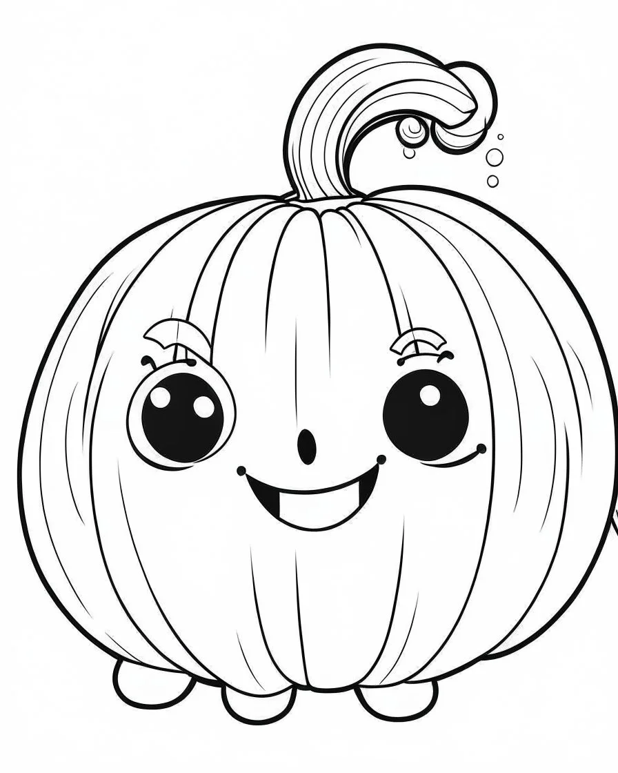 outline art for halloween coloring pages for kids with cartoon cute happy pumpkin , white background, Sketch style, full body, only use outline, clean line art, white background, no shadows and clear and well outlined, coloring page for kids, kawaii style