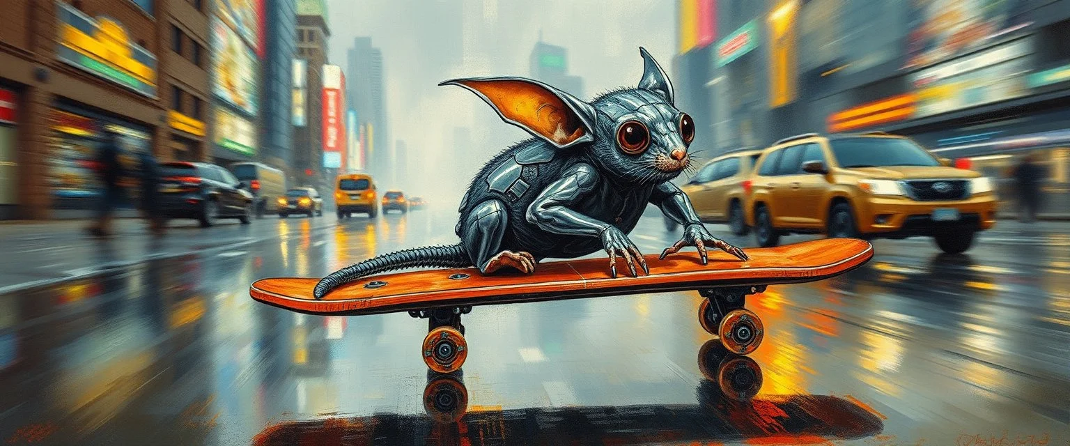 master oil painting by Rembrandt, pen outline and airbrush,the tilted quilter,glasses and ticks, cyberpunk imagery synchronized mechanical gremlin rat bat laying low barely hanging on, drumming kit flat board trike flickering stable core, wet reflective salt flat city, fast motion blur background, translucent tube cars